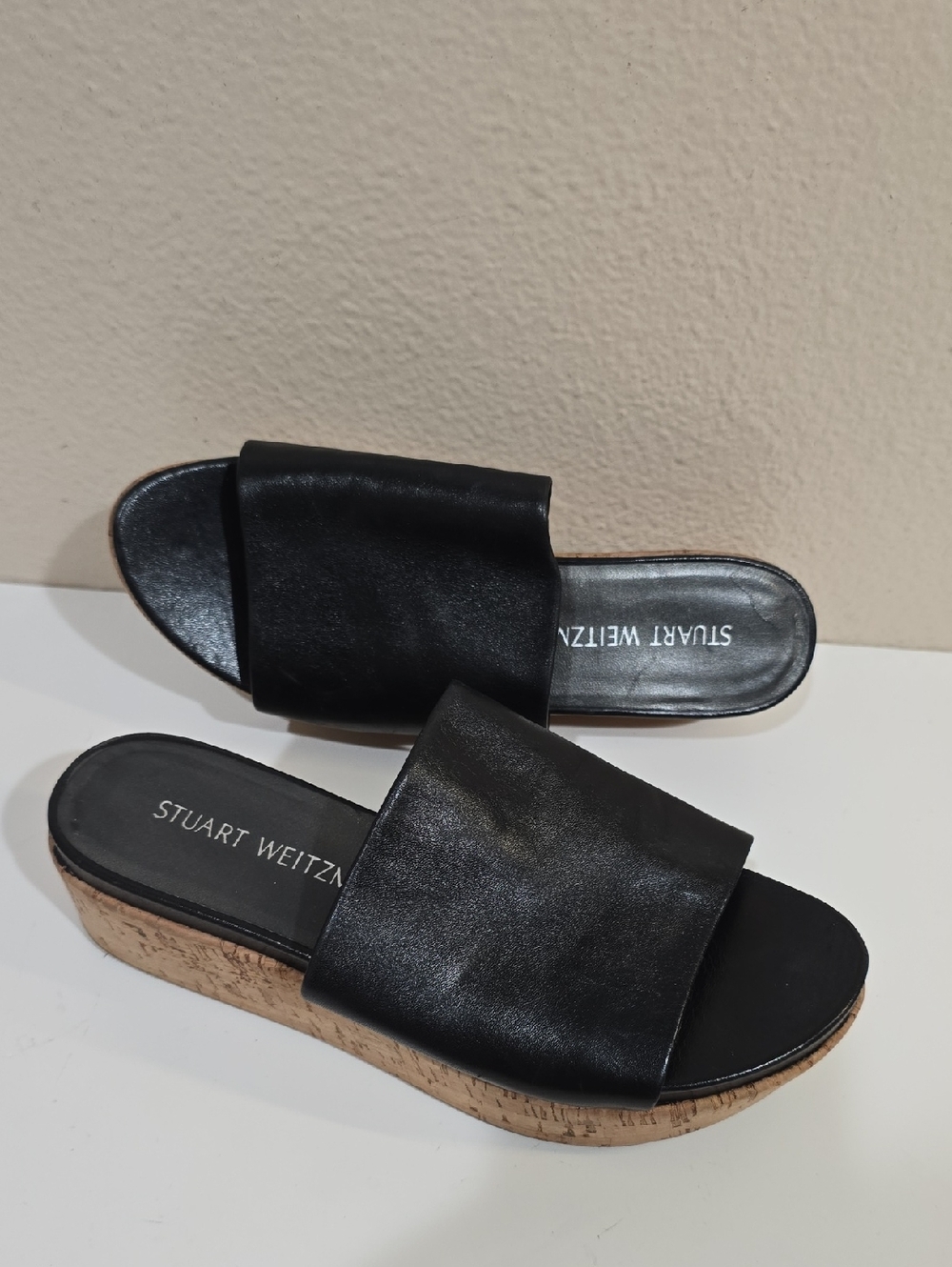 🌾Stuart Weitzman Black Leather Cork Platform Slides